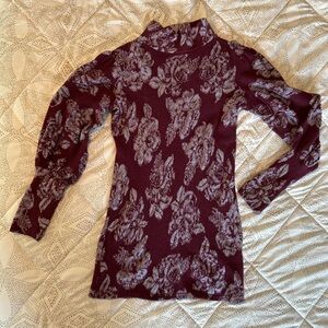 Free People Burgundy and Gray Floral Knit Top